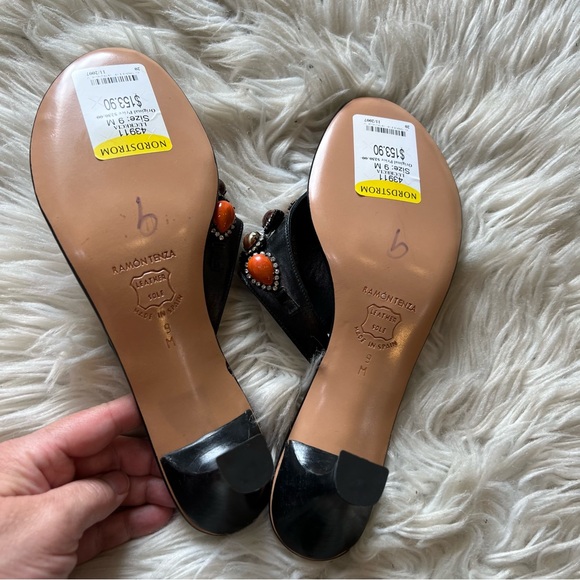 Ramon Tenza Black Leather Jeweled Lucretia Thong Heeled Sandals Size 9 M NEW - Picture 5 of 7